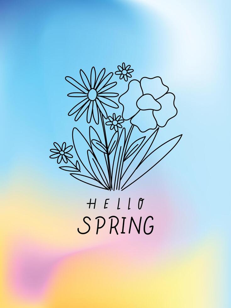Spring card design, poster, banner, greeting card, cover, line art hello spring with blurred background vector