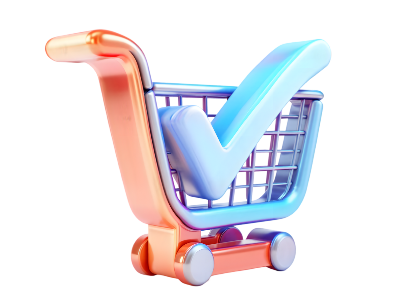 3D rendering of a shopping cart with a check mark, symbolizing a successful online purchase. png