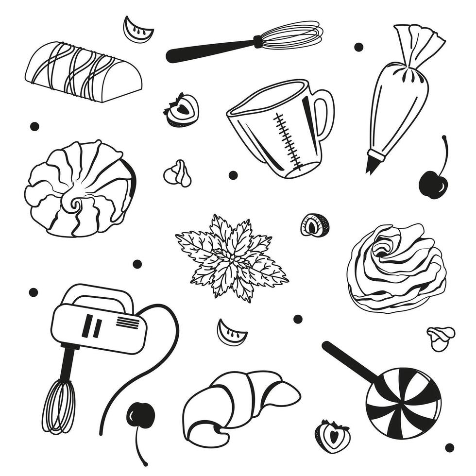 isolated set of cakes, candies and marshmallows. Image of confectionery sweet dishes and berries with mixer, whisk and measuring cup. Pastry Chef Day concept. vector