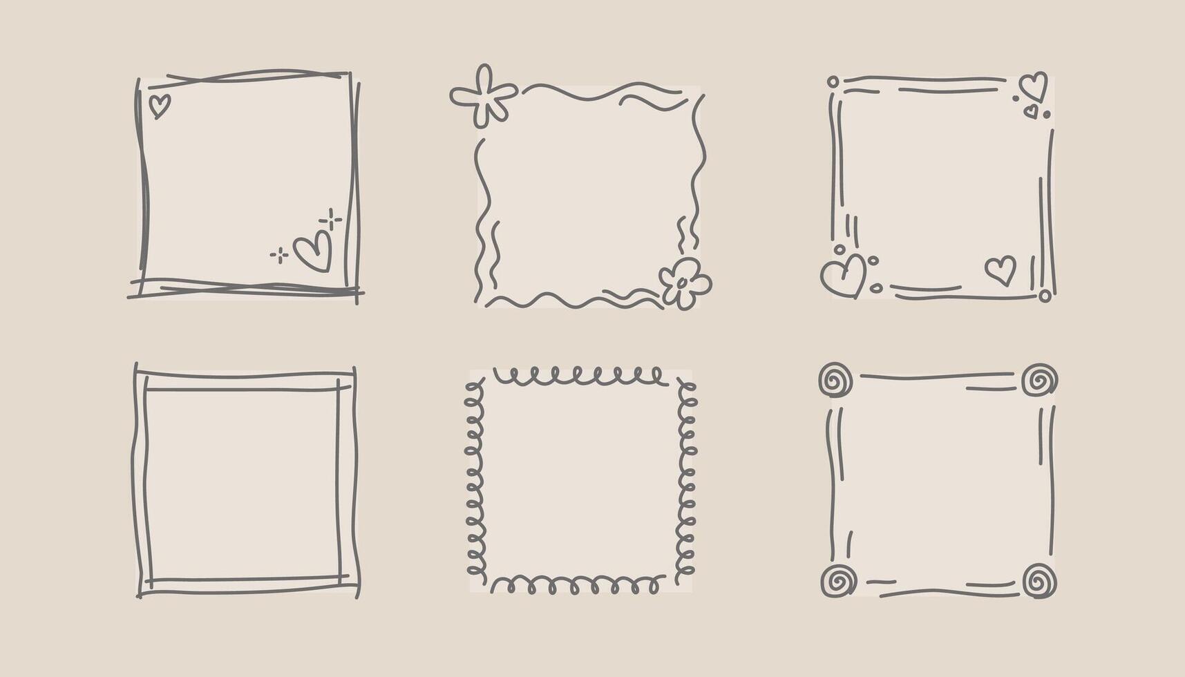 hand drawn doodle frames set with sketch borders, hearts, swirls, and floral elements for design, scrapbooking, invitations, and creative projects vector