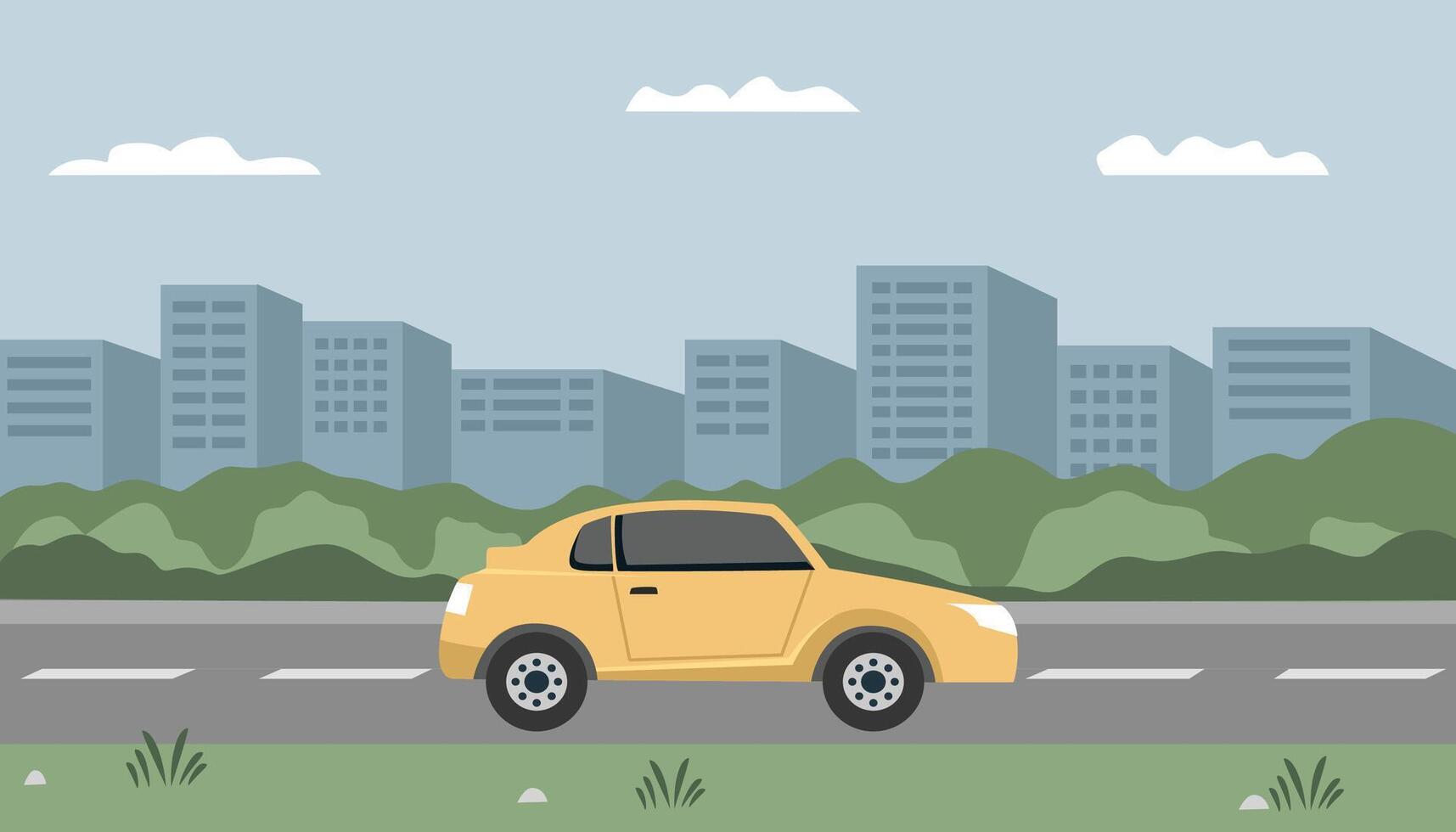 Car in the city. Driving in the city. Urban park. Buildings. Cartoon city illustration. Spring season. Summer season. Storytelling. vector