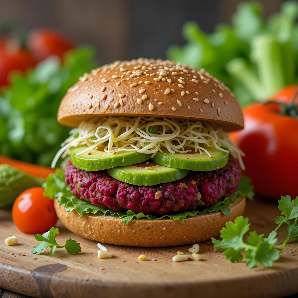a hamburger with vegetables and a salad on a wooden cutting board photo