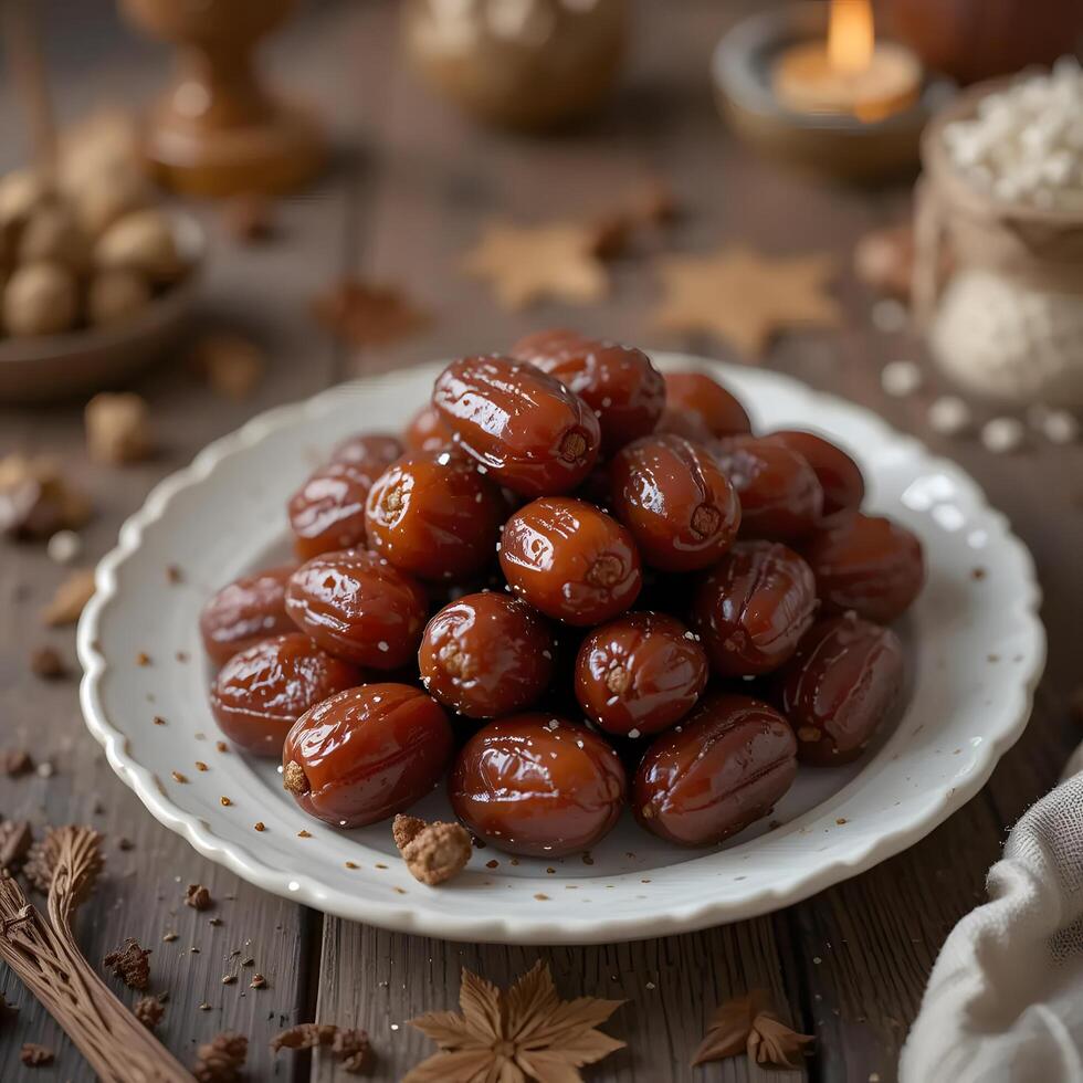dates on a plate with spices and nuts photo