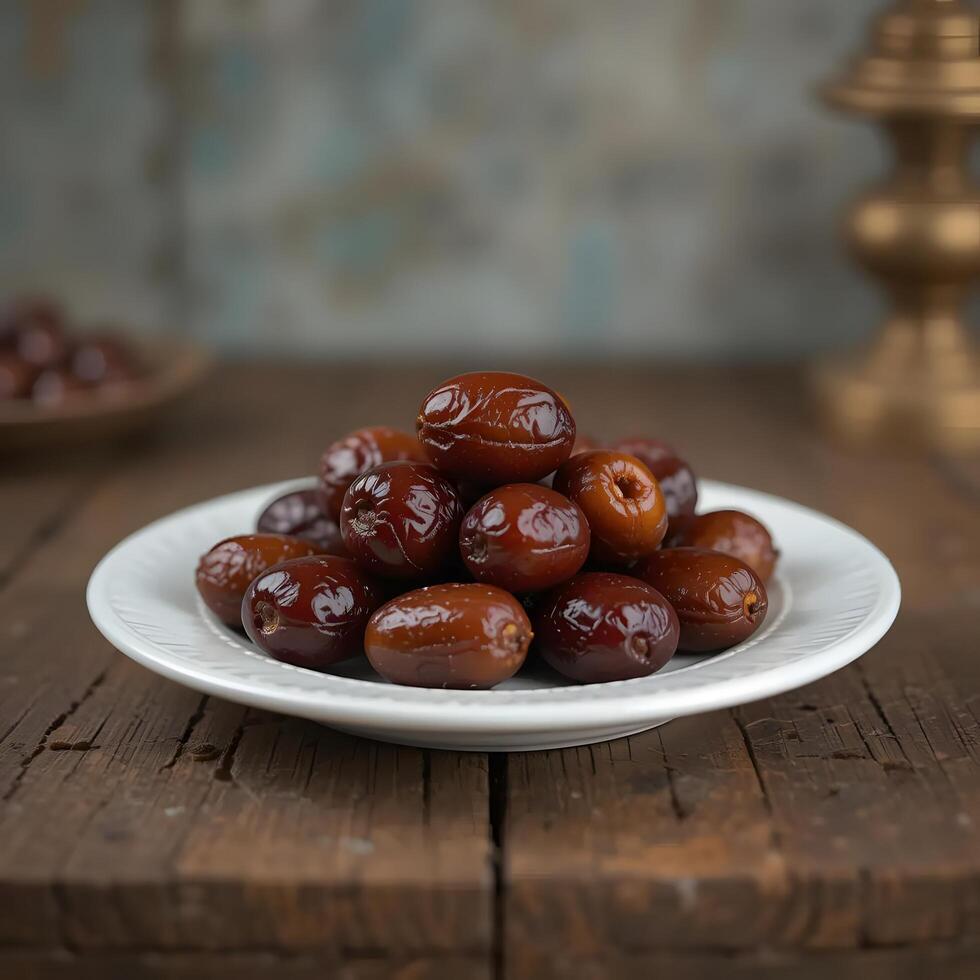 plate of dates on a wooden table photo