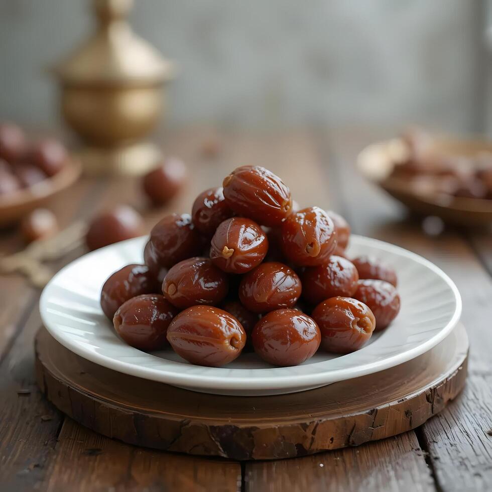 dates on a plate on a wooden table photo