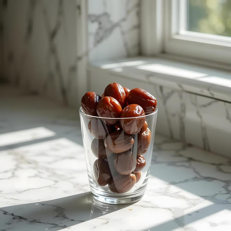 dates in a glass on a marble counter photo