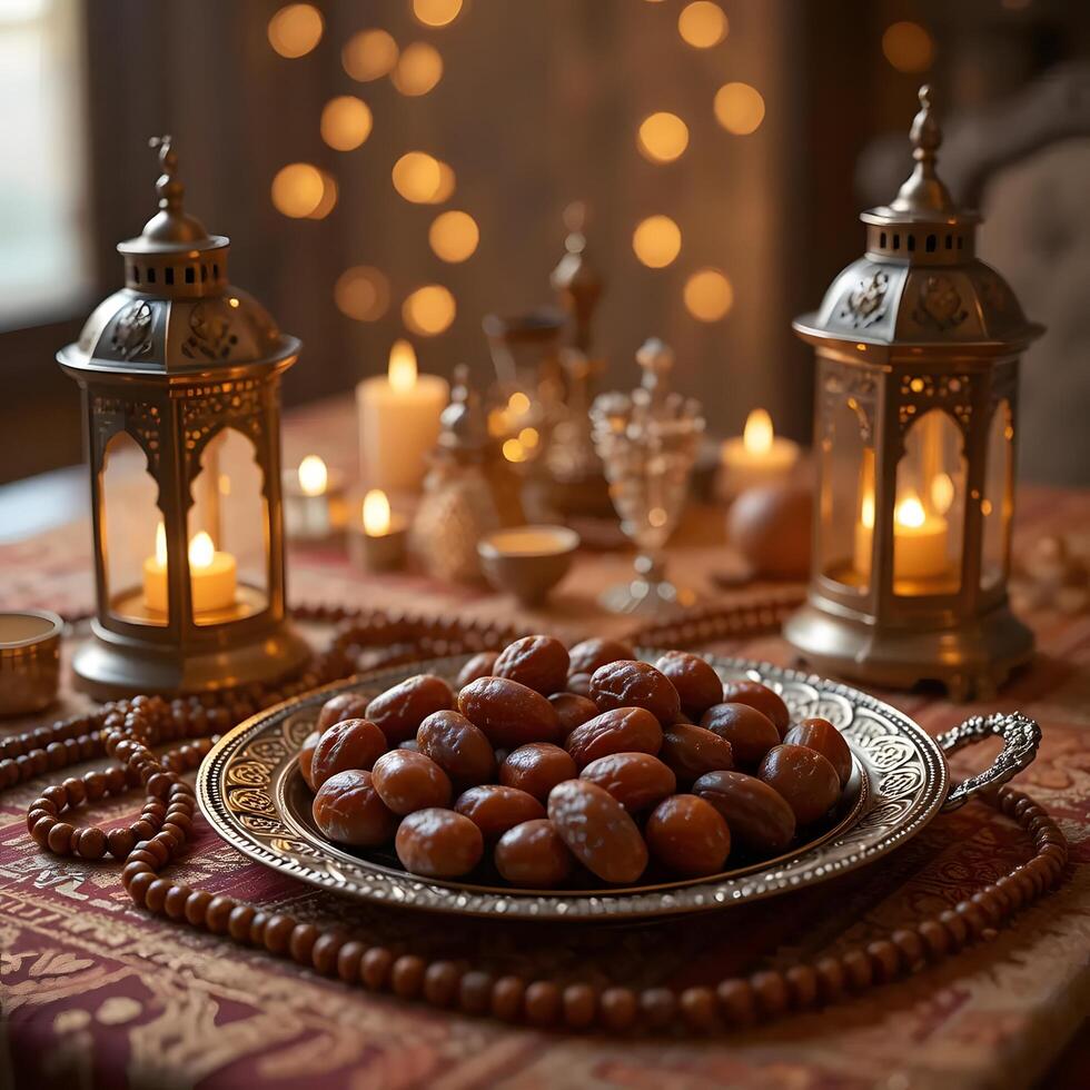 ramadan table decoration with dates and candles photo