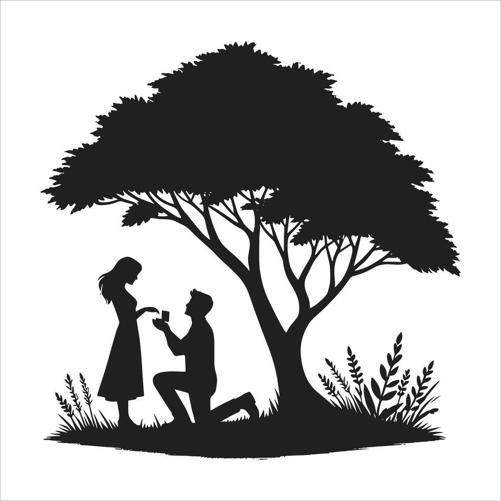 Silhouette of a man proposing to a woman under a tree vector