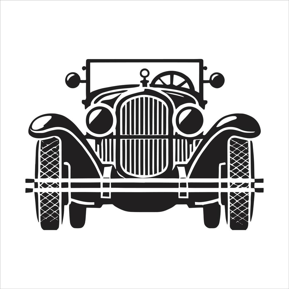 An old car is shown in black and white vector