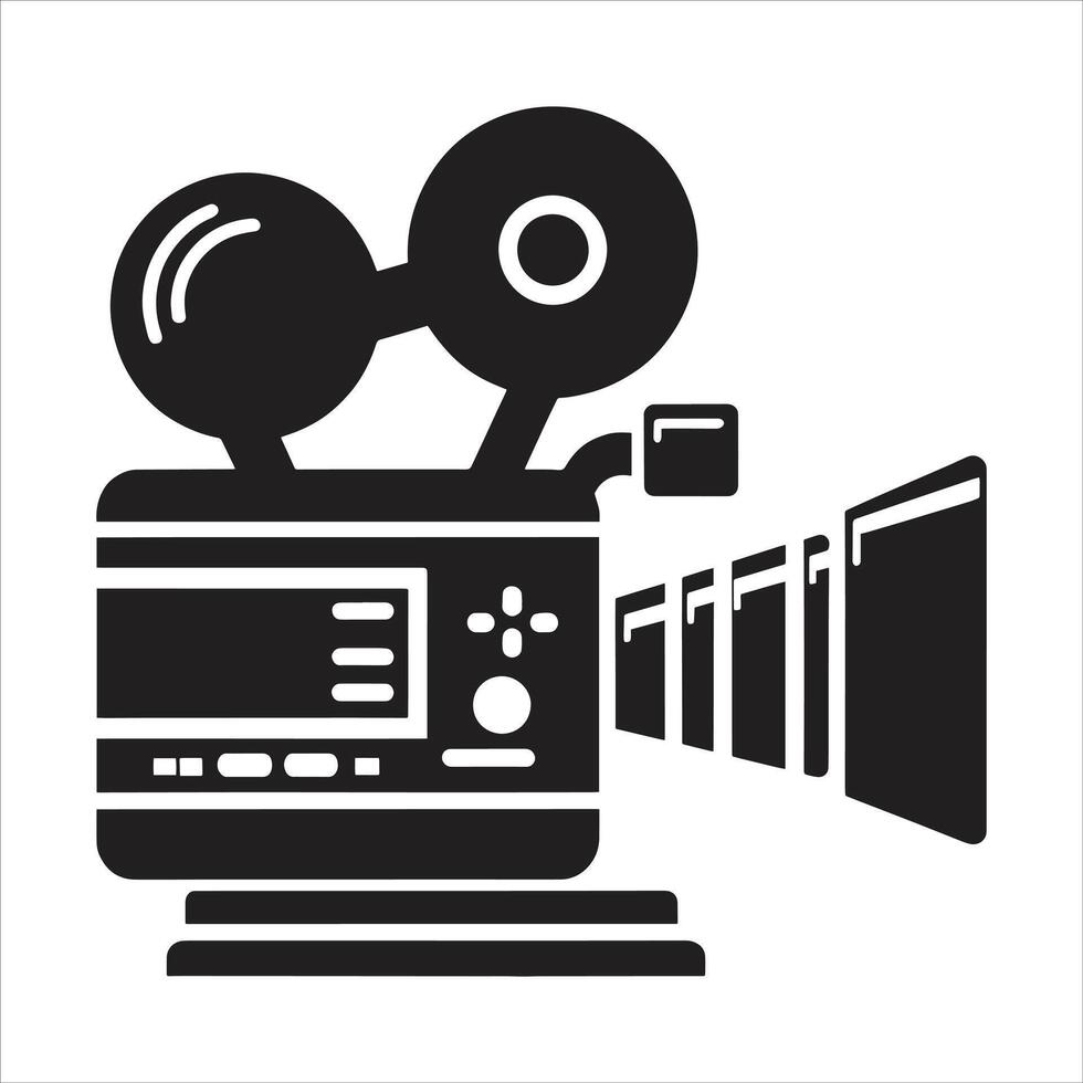 A black and white image of a camera with a film reel vector