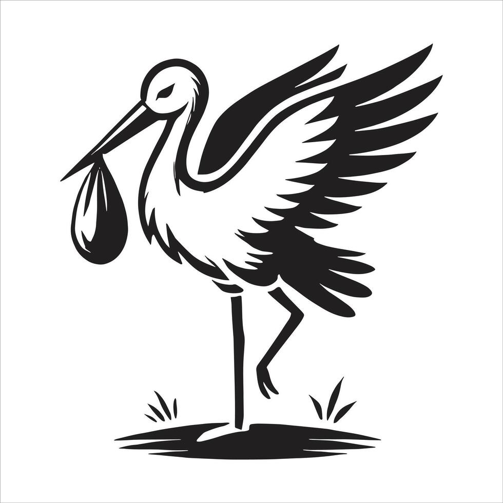 A black and white illustration of a stork carrying a baby vector