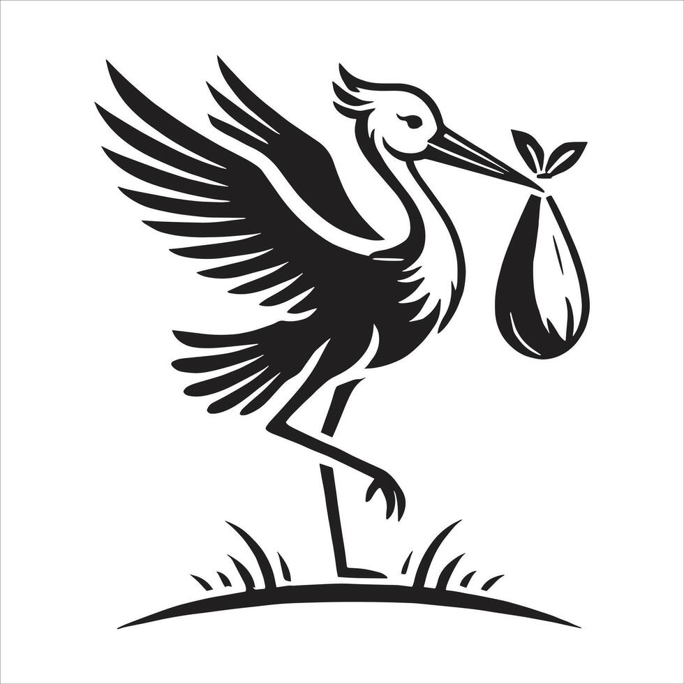A black and white stork with a baby bag vector