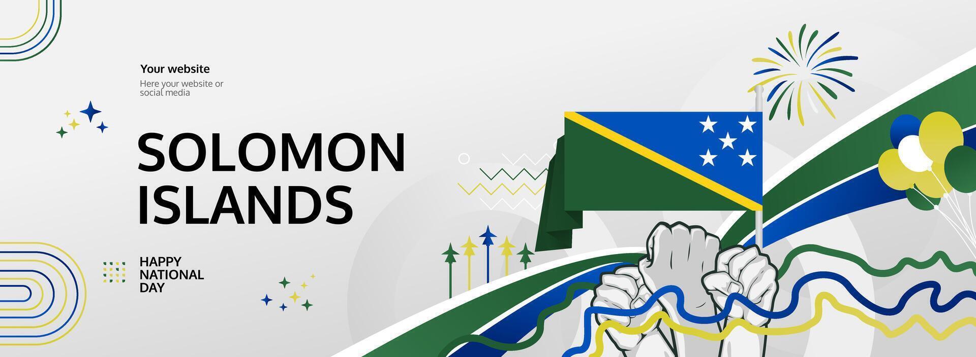 Solomon Islands Independence Day design banner with rising hand and national flag. Happy Solomon Islands National Day on 7th July. Attractive poster for ads, sale, tourism and travel. Holiday theme vector