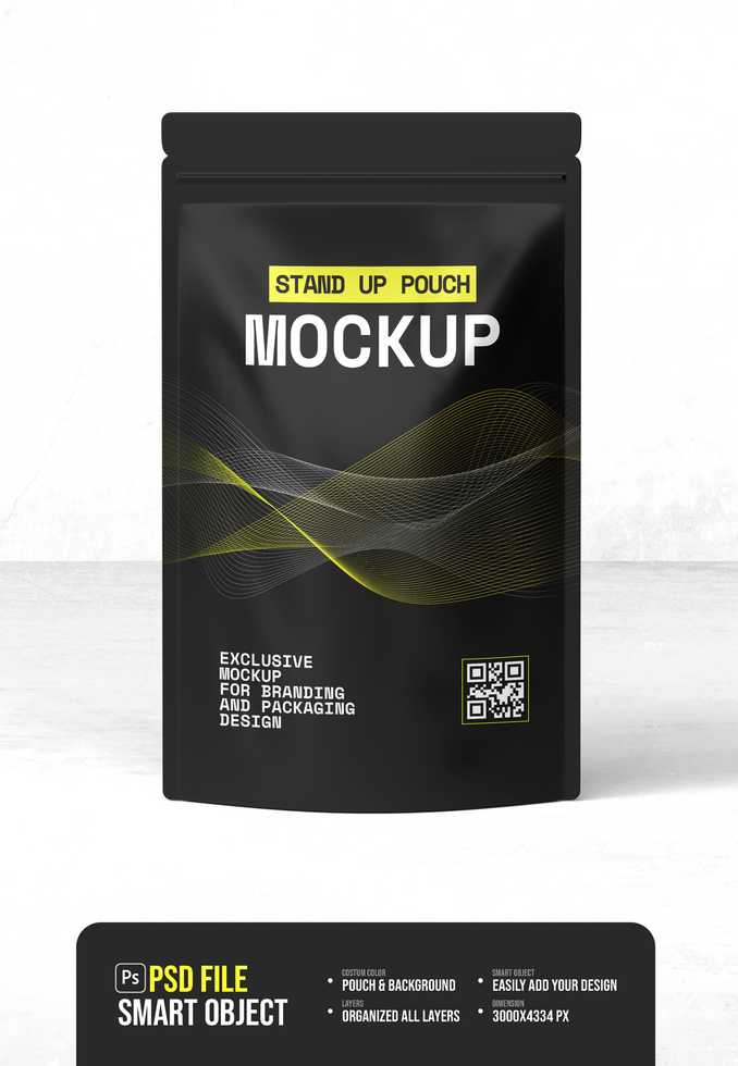 A black and yellow pouch mockup with a white background psd