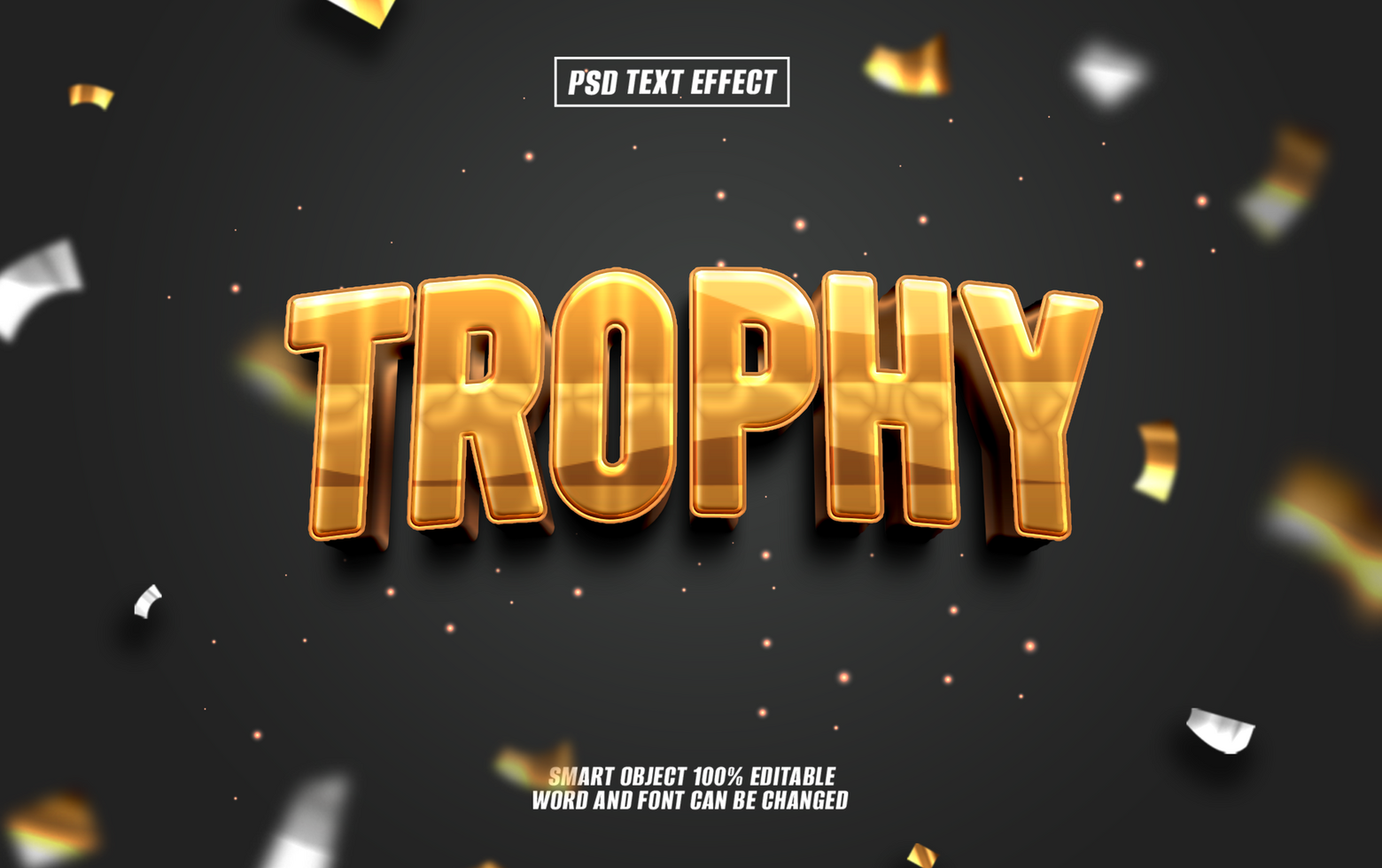 3D golden text effect Trophy on dark background with confetti psd