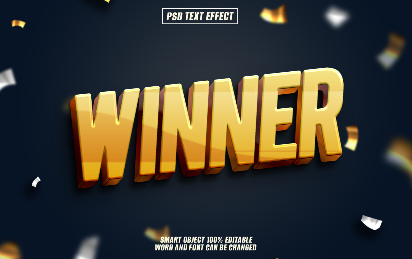 Golden Winner text effect with confetti. psd
