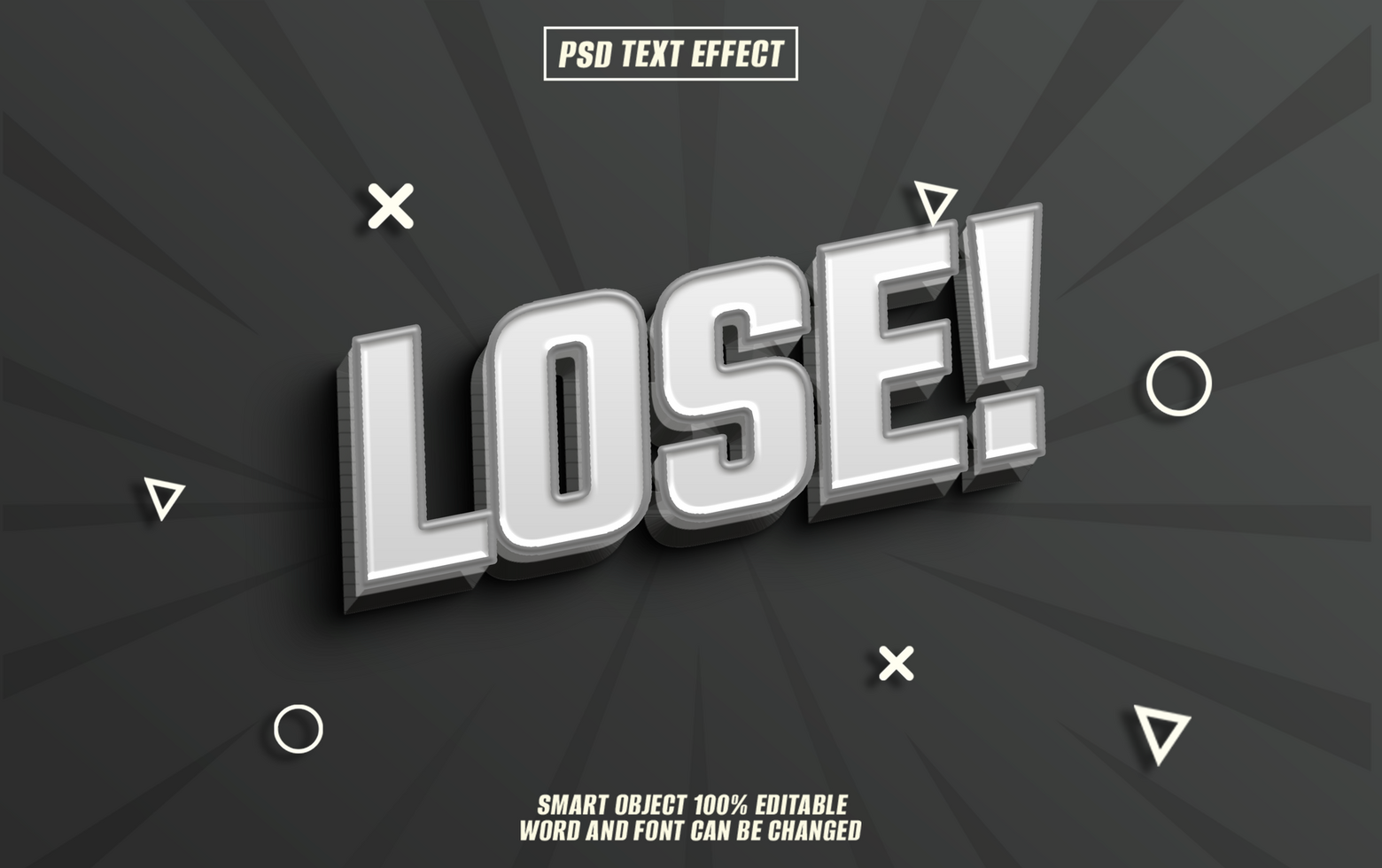 3D metallic silver LOSE text effect on dark background. psd