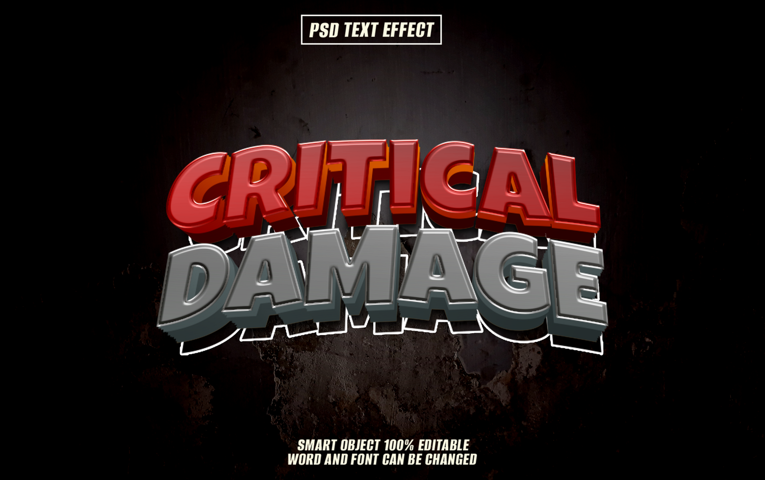 3D text effect design Critical Damage with red and grey letters psd