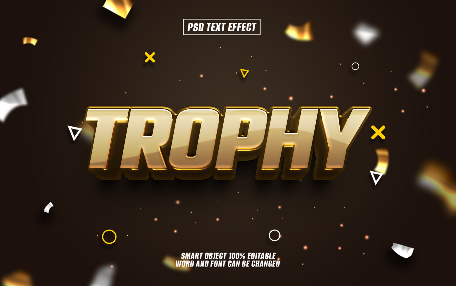 3D golden text effect Trophy on dark background with confetti. psd