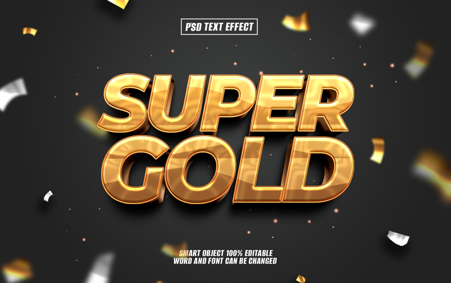 3D gold text effect Super Gold on dark background with confetti. psd