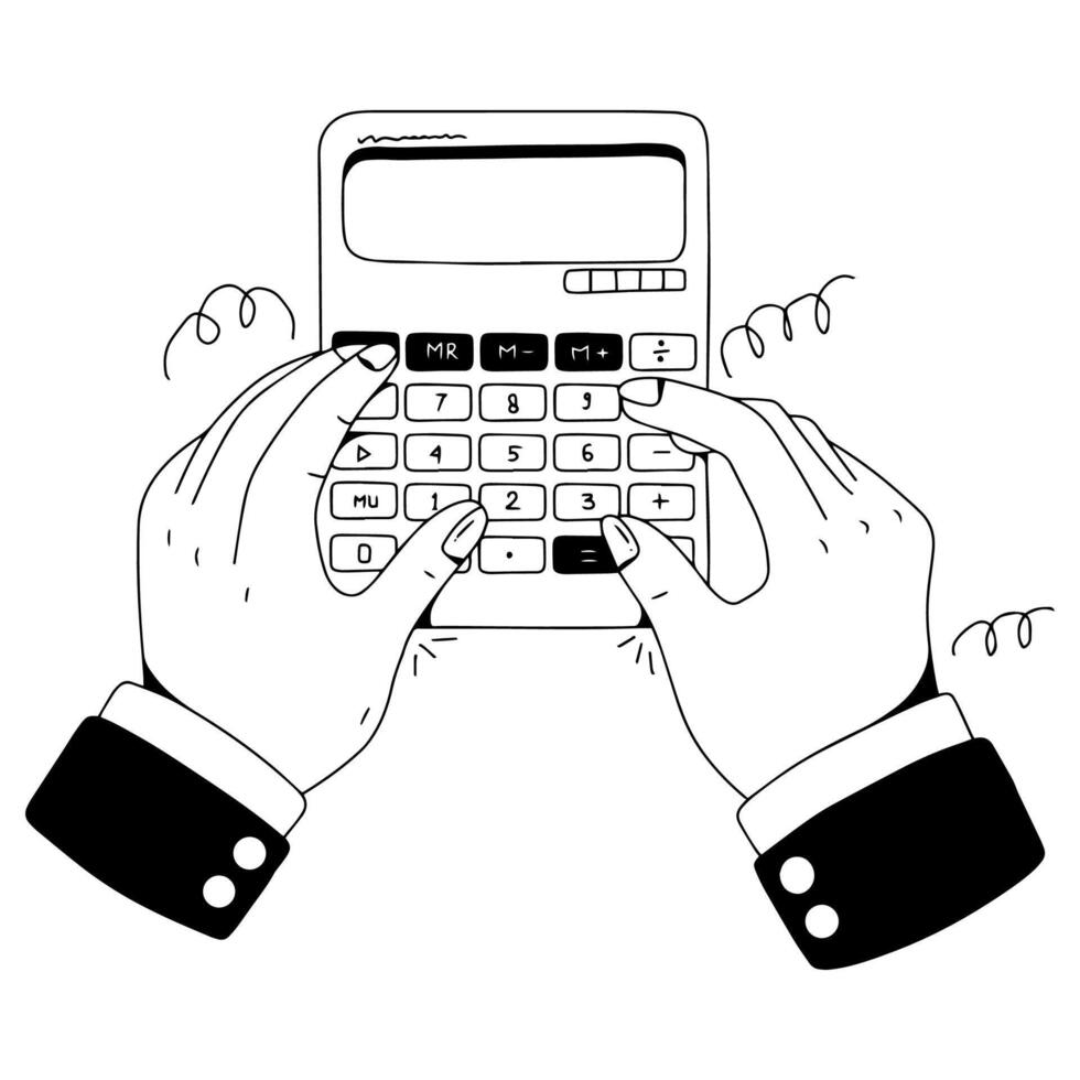 hand with calculator, simple black and white illustration vector