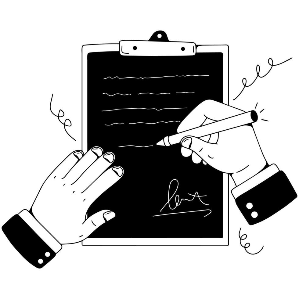 signing of employment contract, simple black and white illustration vector