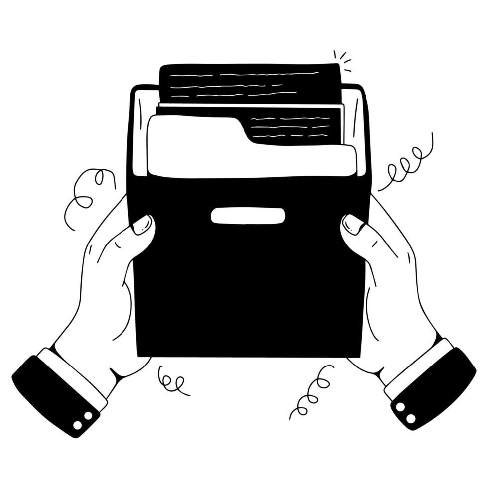 hand holding folder, simple black and white illustration vector