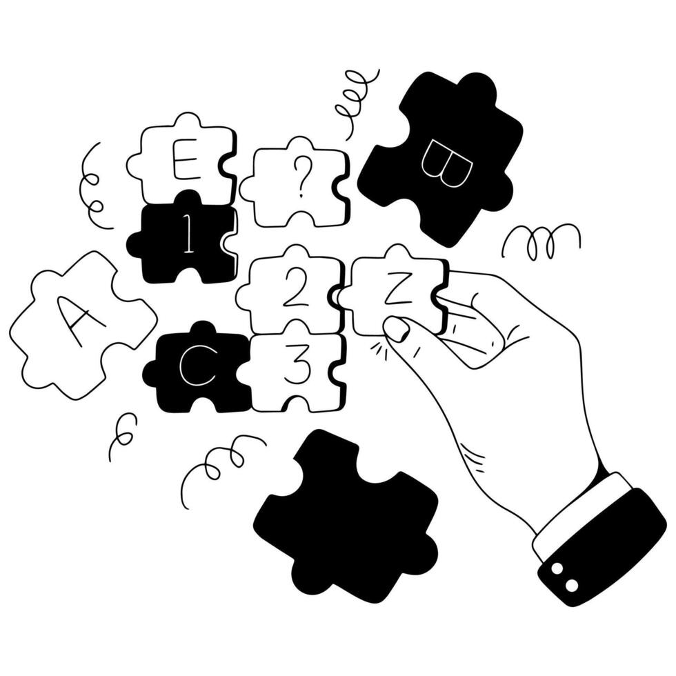 put together a puzzle, simple black and white illustration vector
