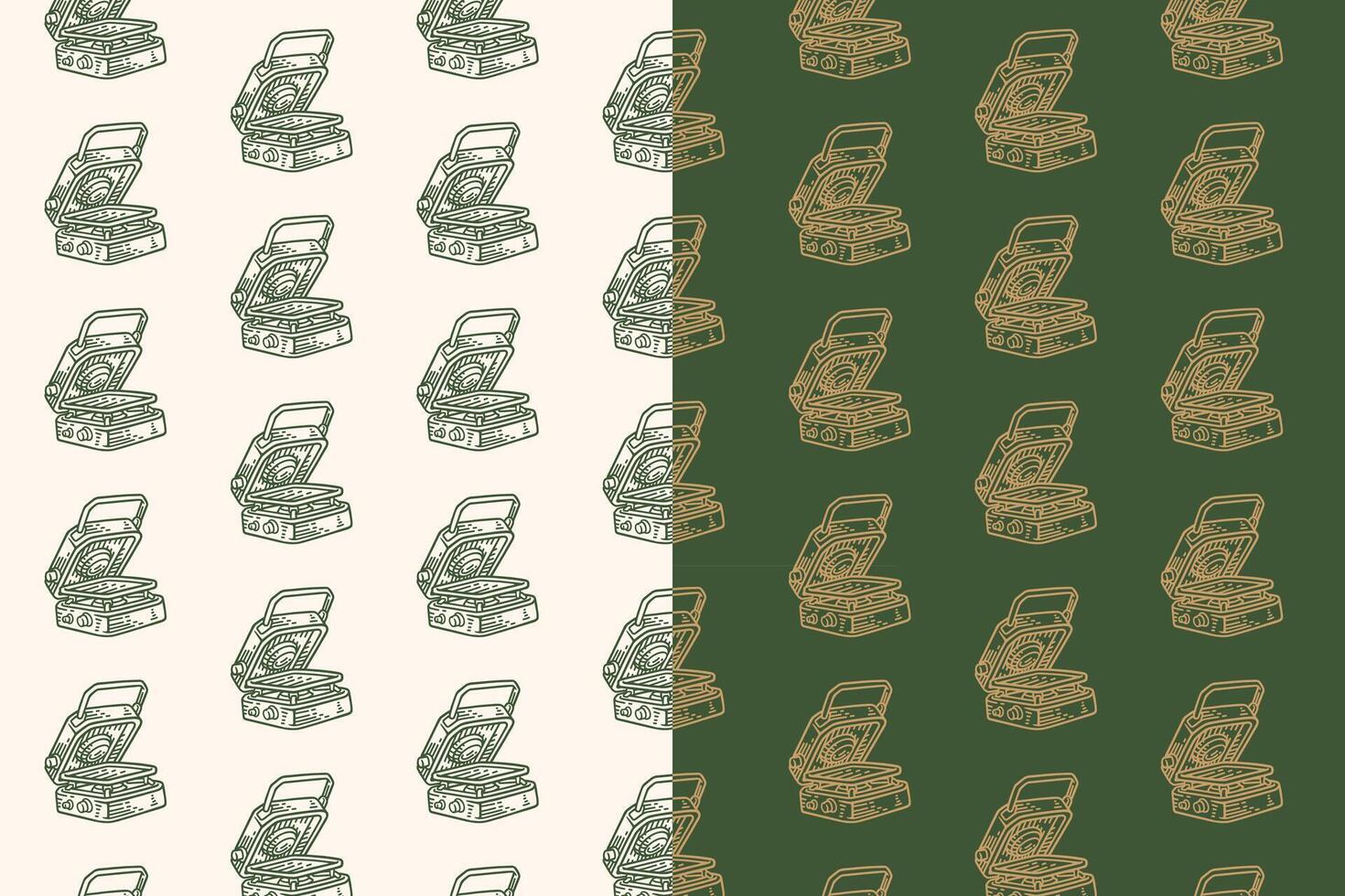 folding gas stove portable camping doodle seamless pattern on background. oven fireplace outdoor engraving pattern background. retro furnace firebox background for adventure decor and merchandise vector