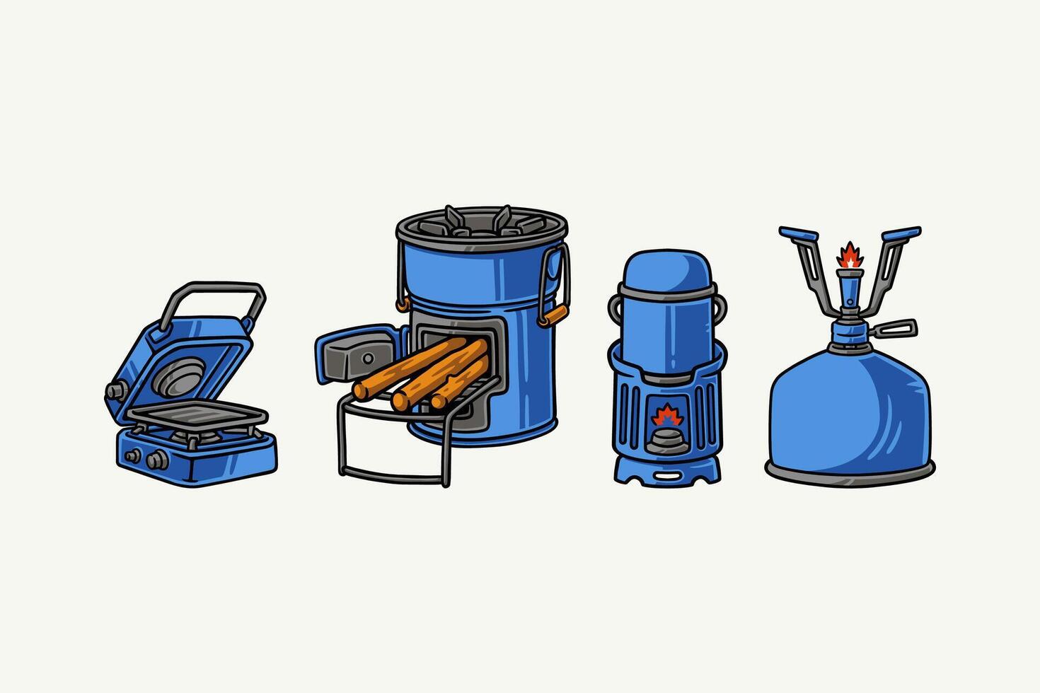 folding stove firebox, furnace with firewood, stove tube shape with pot, gas cylinder stove with holder portable colorful doodle illustration element design set for camping, outdoor, adventure vector
