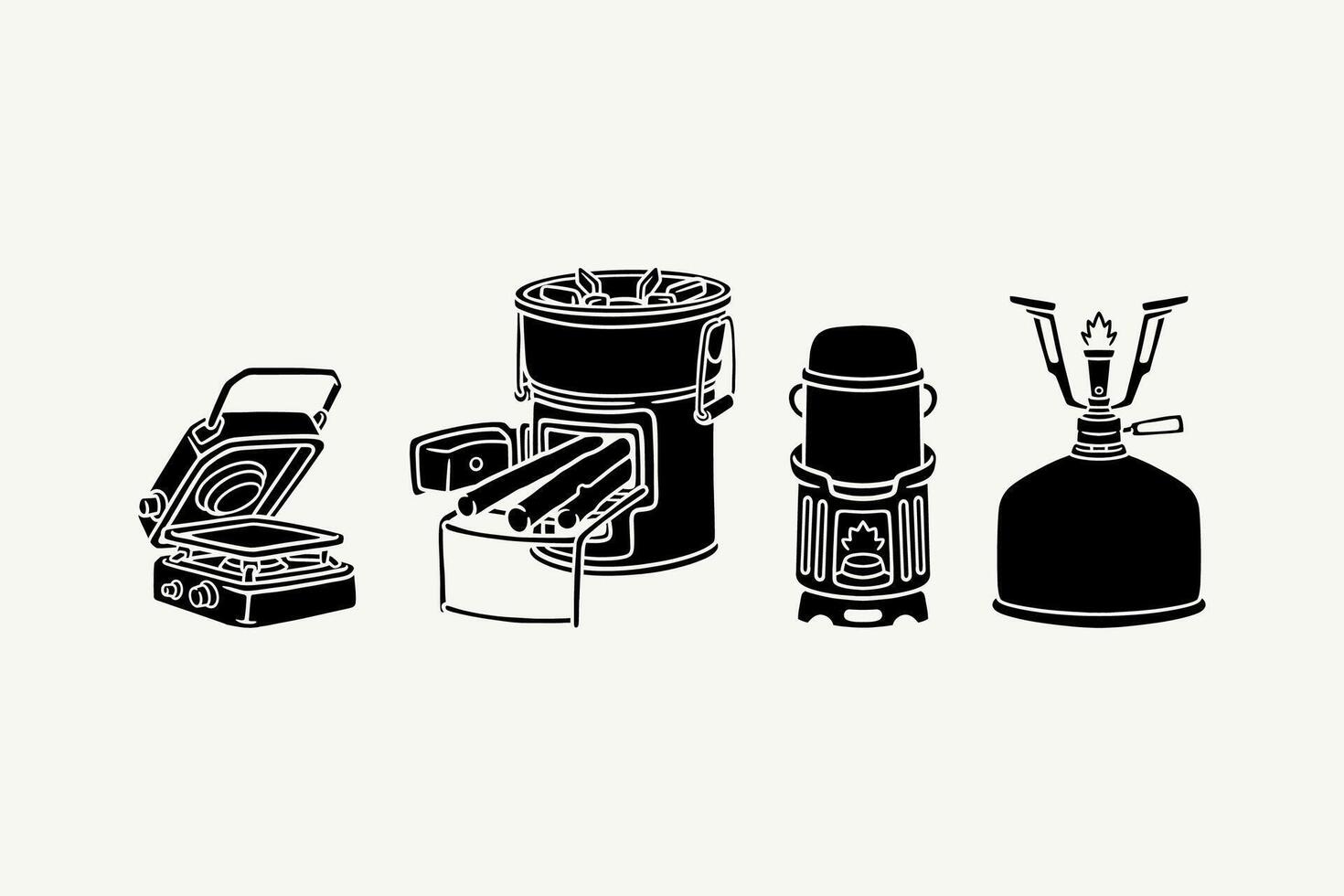 gas cylinder stove with holder, furnace with firewood, folding stove firebox, stove tube shape with pot portable filled solid style icon element designs collection set for camping, outdoor, adventure vector