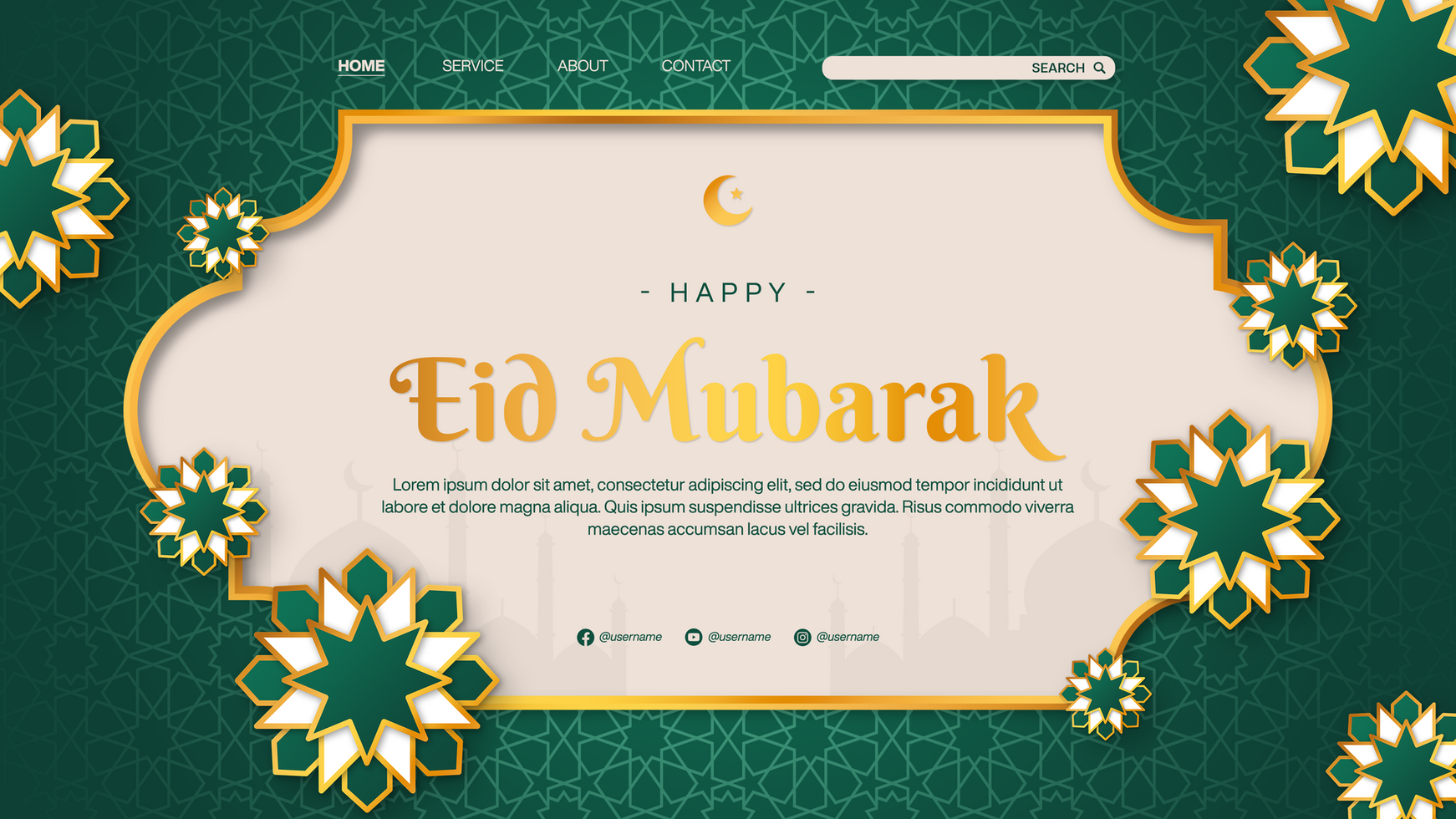Eid mubarak template for landing page design in green theme with mandala element psd