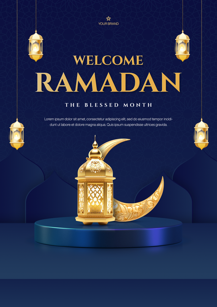 Ramadan template design for Flyer with podium display in gold and blue psd