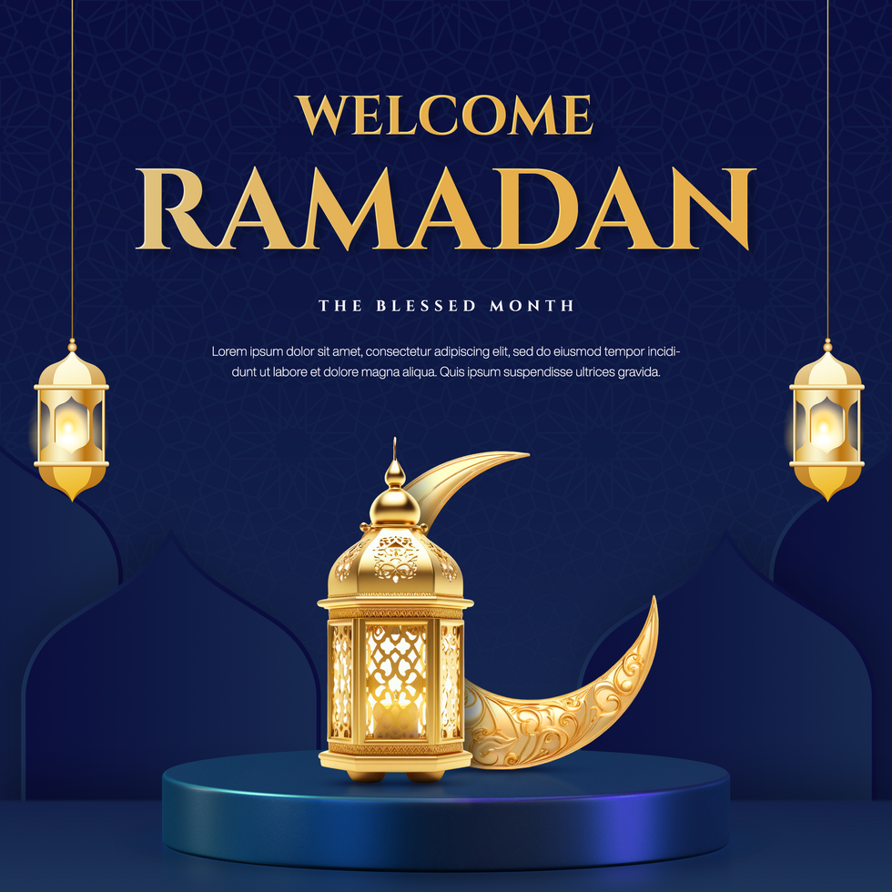 Ramadan template design for social media post with podium display in gold and blue psd