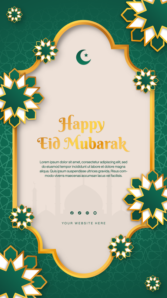 Eid mubarak template for social media stories design in green theme with mandala element psd