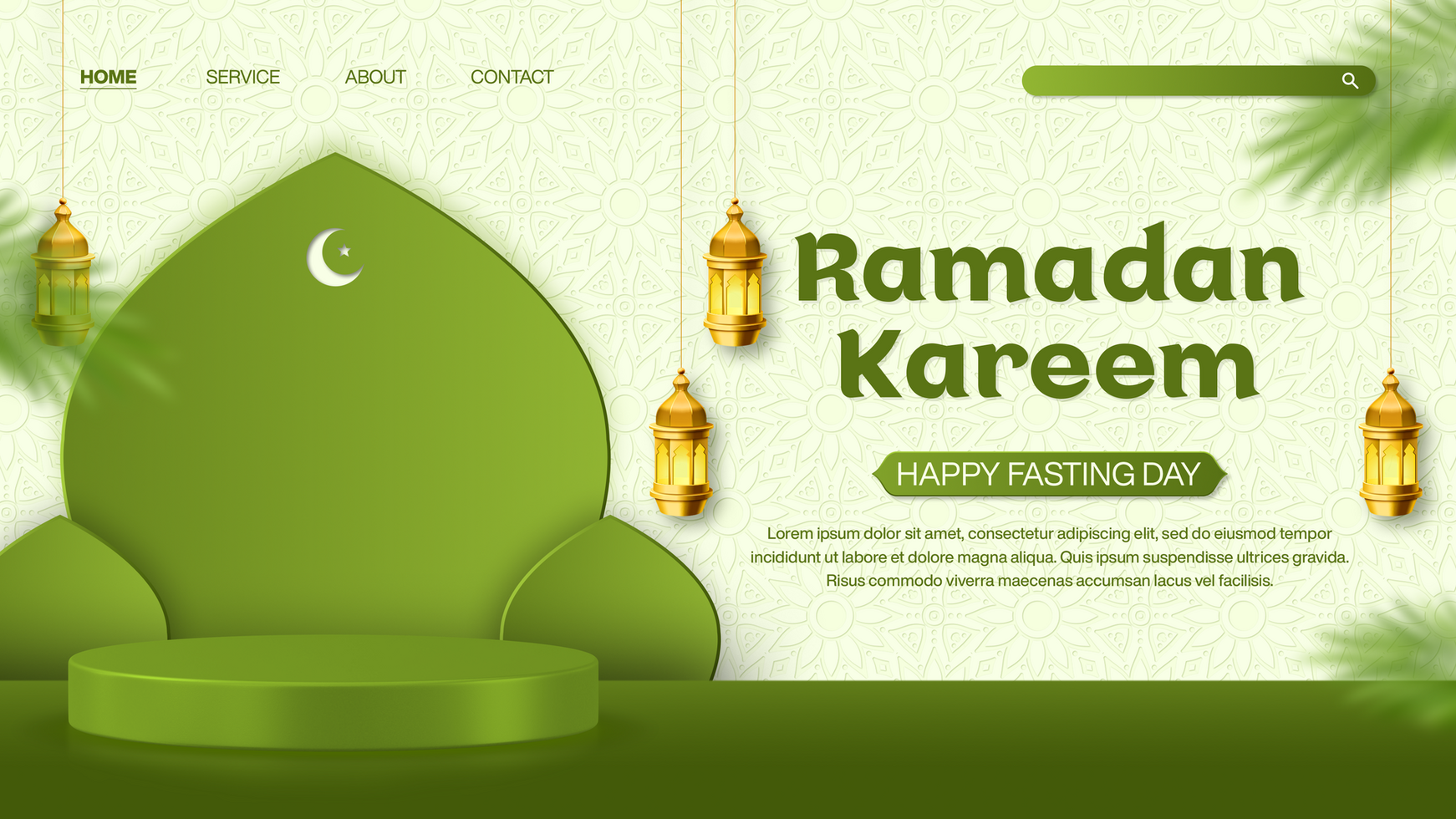 Realistic product display ramadan kareem landing page template design islamic green theme psd