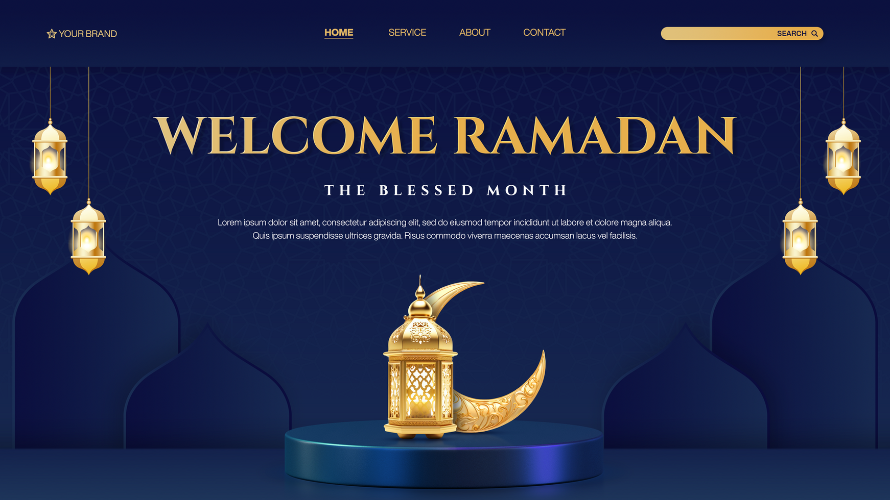 Ramadan template design for landing page with podium display in gold and blue psd