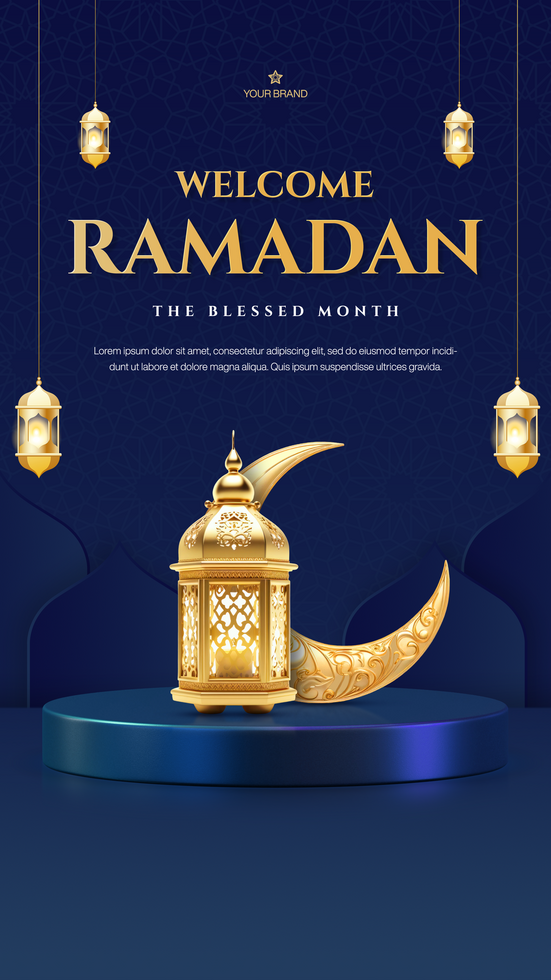 Ramadan template design for social media stories with podium display in gold and blue psd