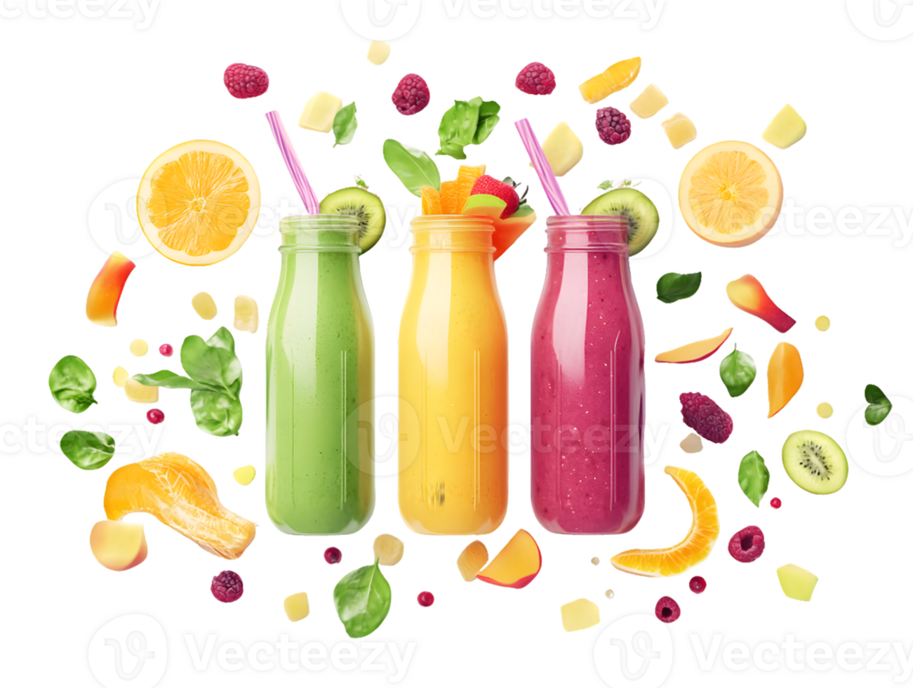 Three Colorful Fruit Smoothies with Fresh Fruit Pieces png