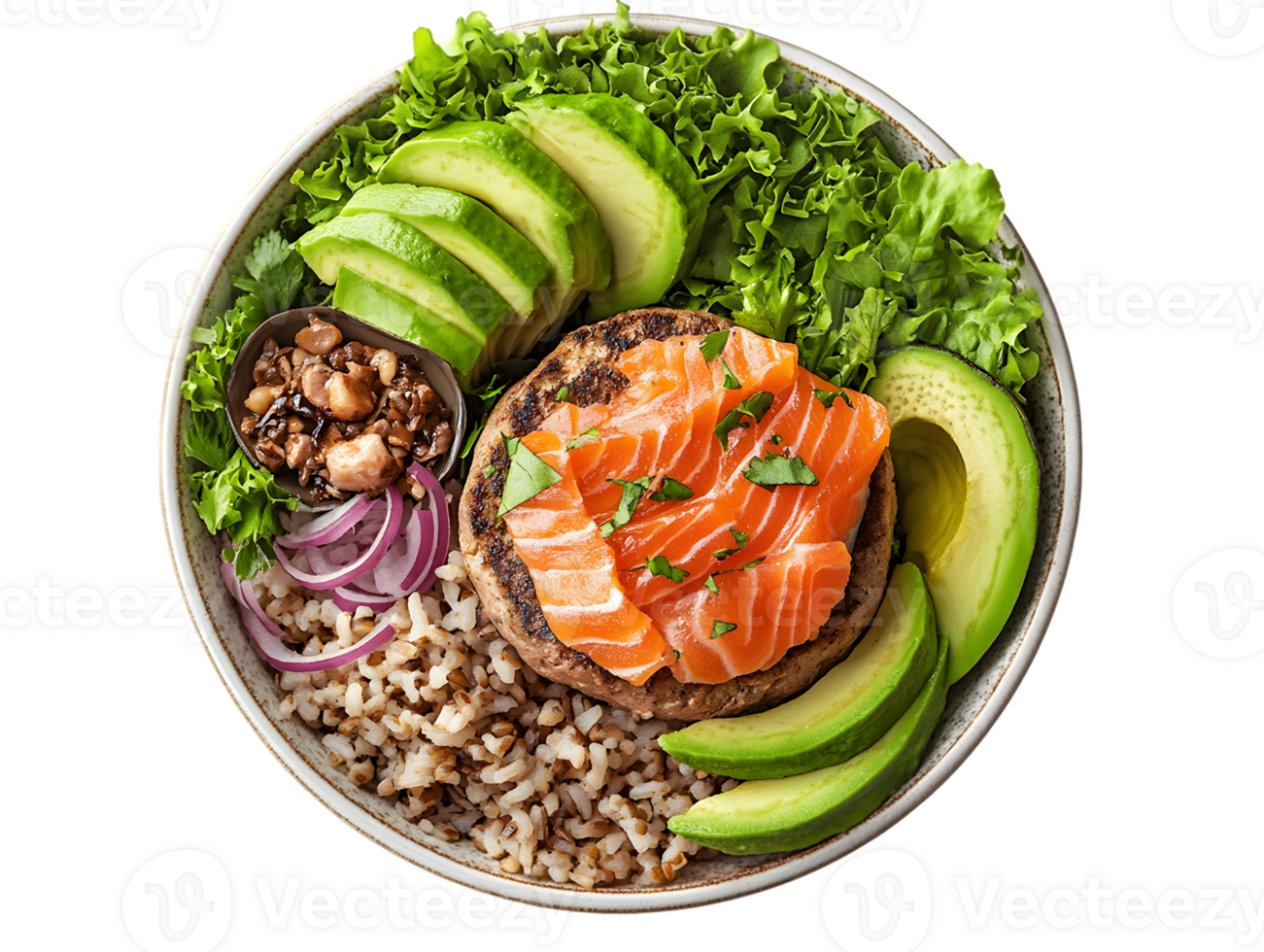 Healthy Salmon and Avocado Rice Bowl with Fresh Ingredients png