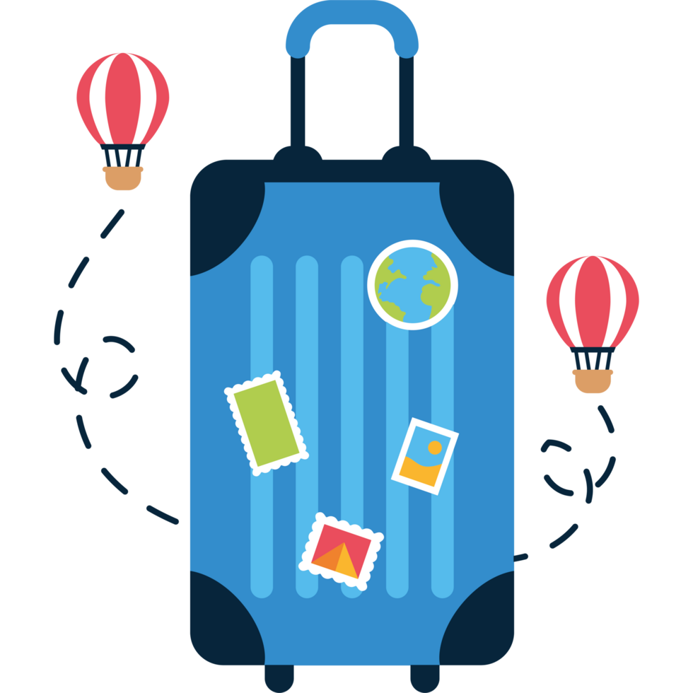 blue suitcase and air balloons travel png
