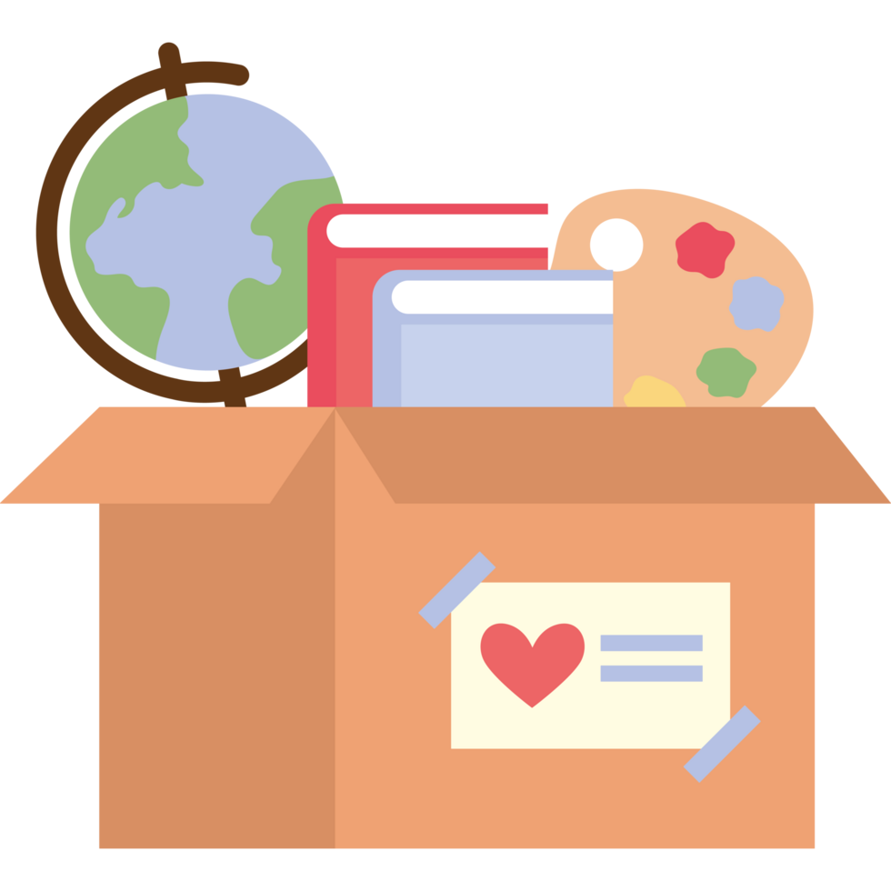 cardboard box with school supplies for donations png