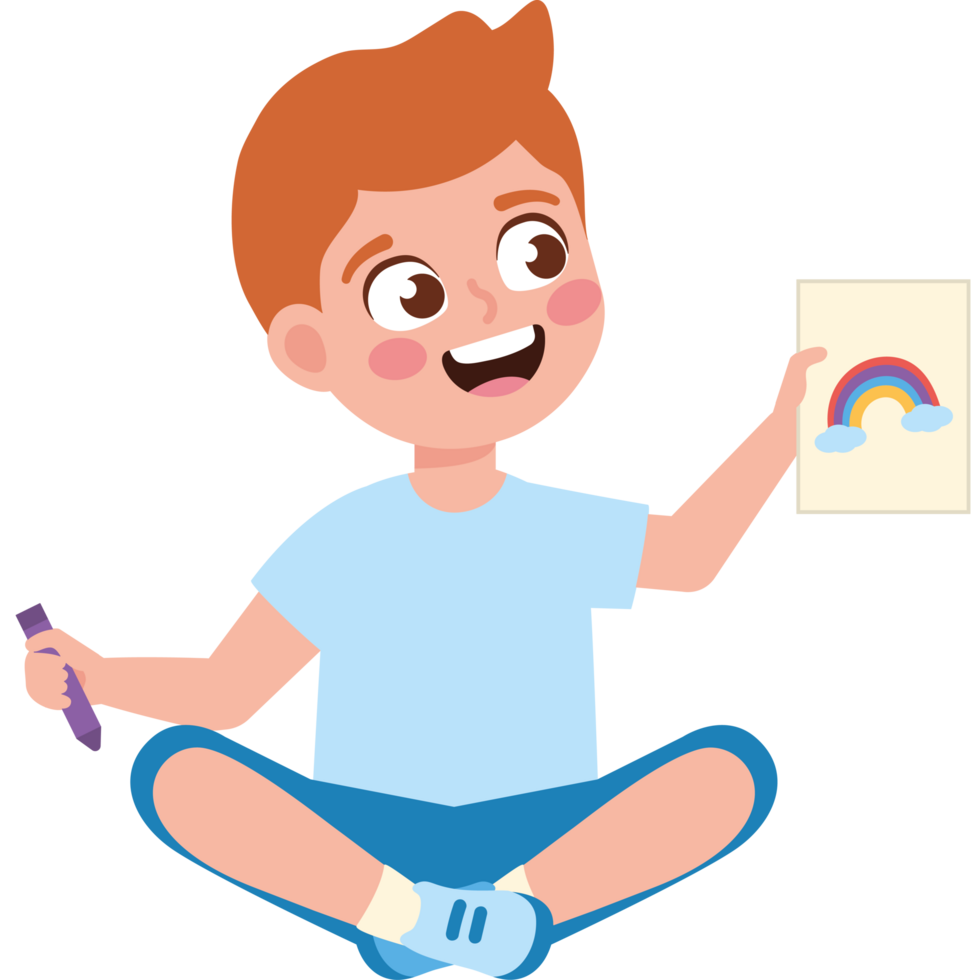 cute boy painting rainbow on white paper png