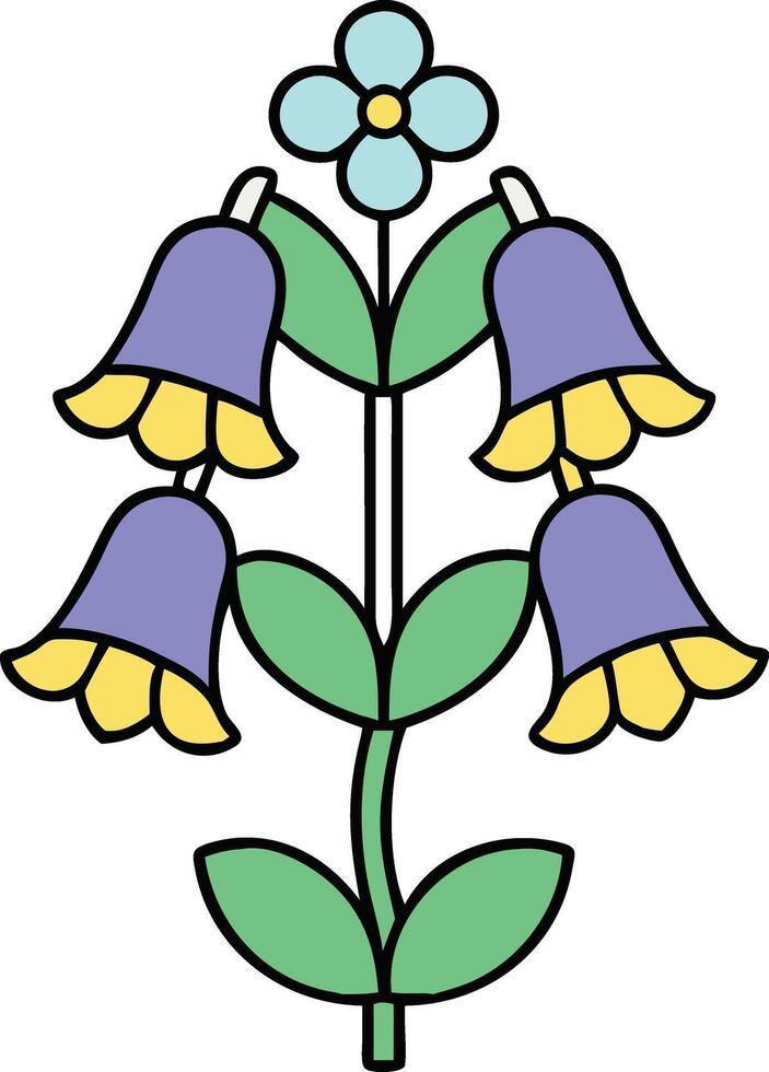 Stylized Floral Illustration Bluebells, Flower, Green Leaves, Stem vector