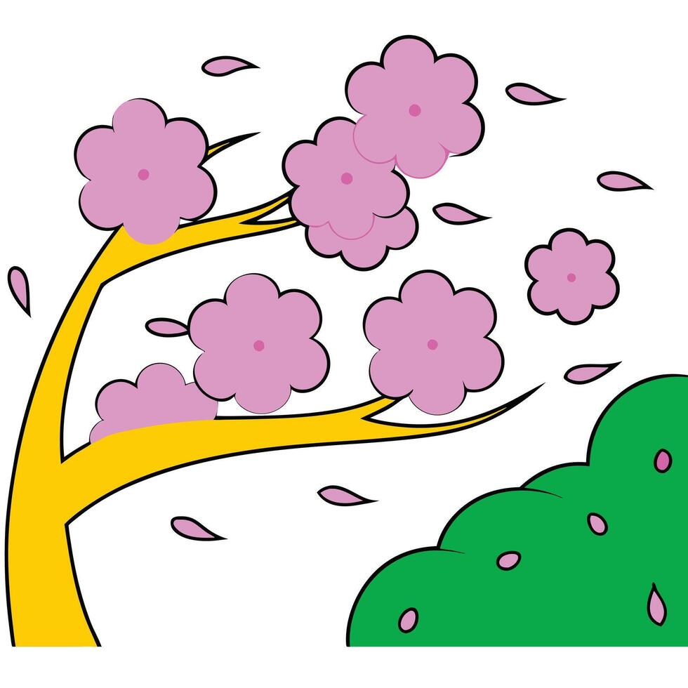 Cartoon Tree Blossoms Wind Spring Petals Nature Illustration vector