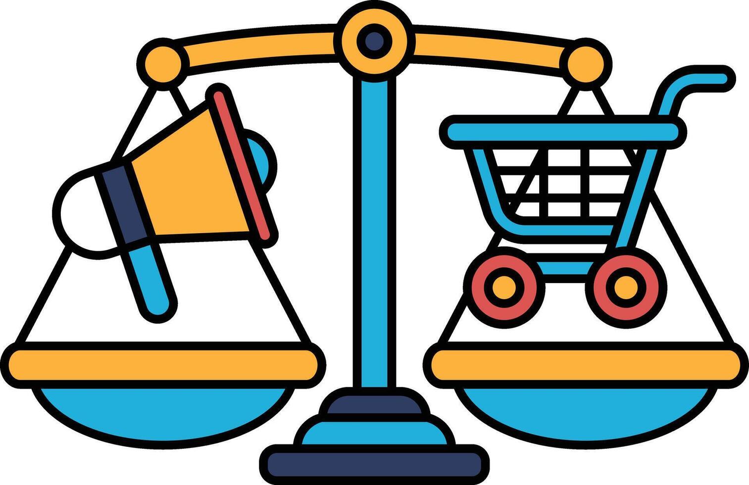 A scale with a shopping cart on one side and a megaphone on the other vector