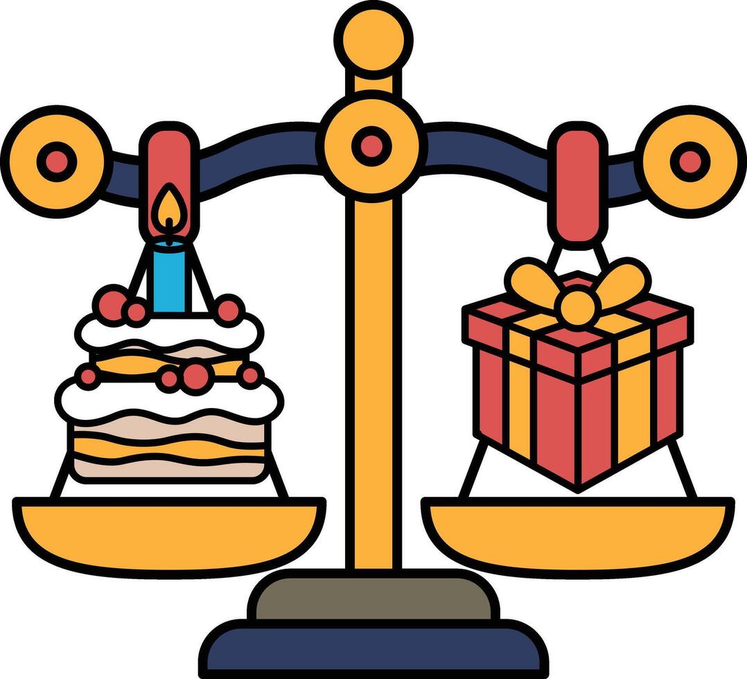 A scale with a cake on one side and a gift on the other vector