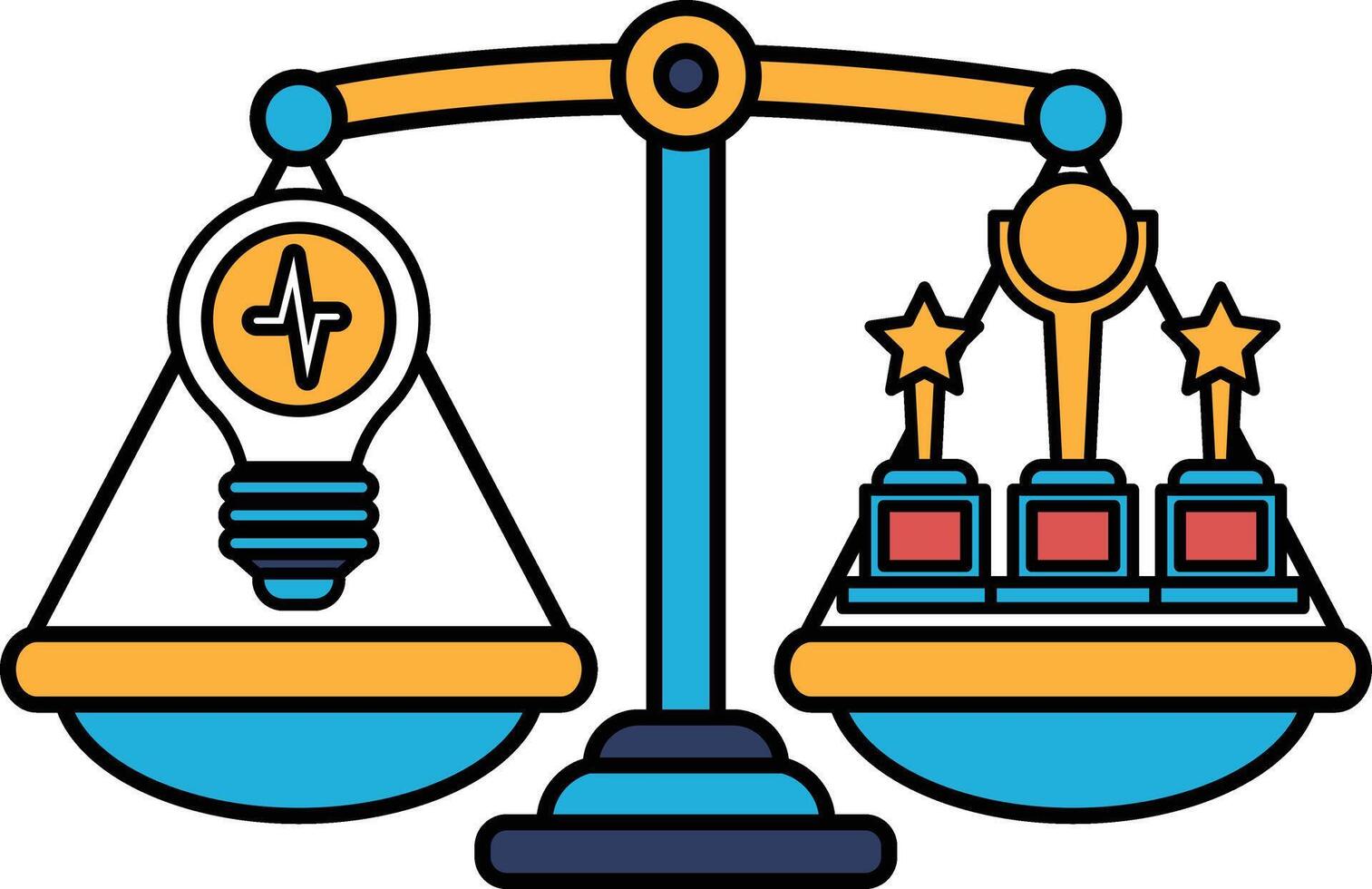 A scale with a light bulb on one side and three stars on the other vector