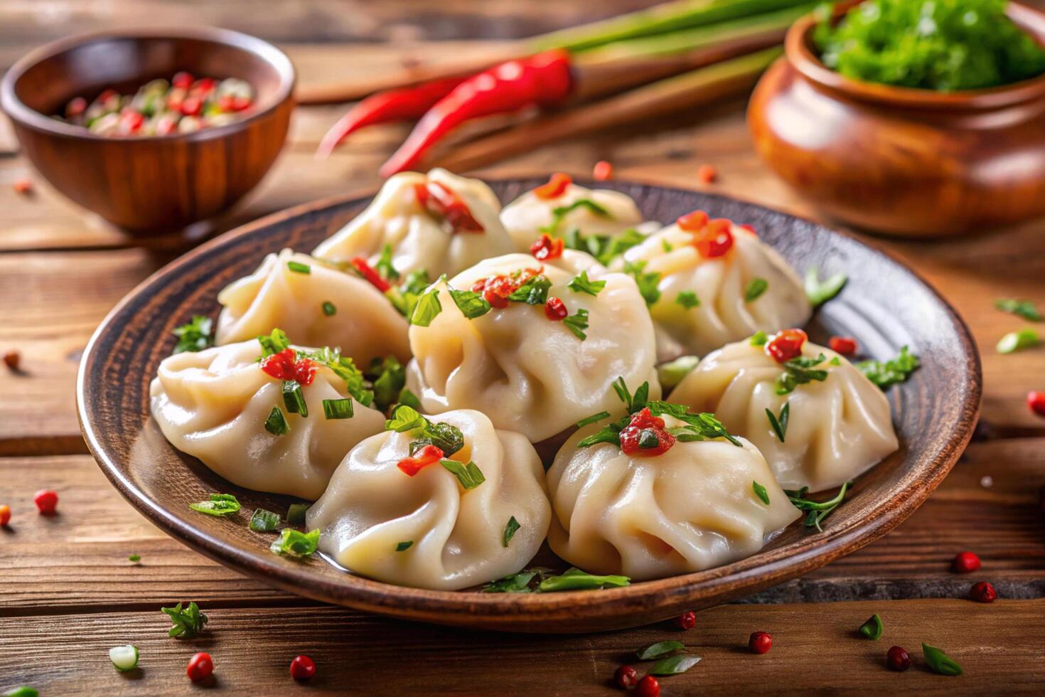 a bowl of dumplings with green onions and chili peppers photo