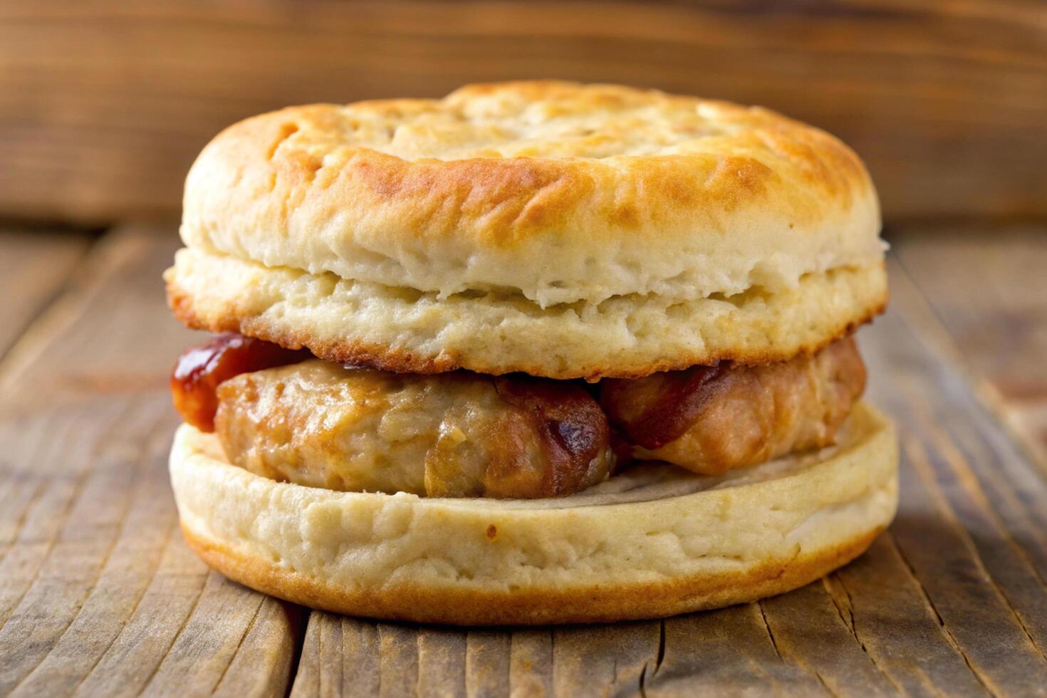 a biscuit with sausage and bacon on top photo